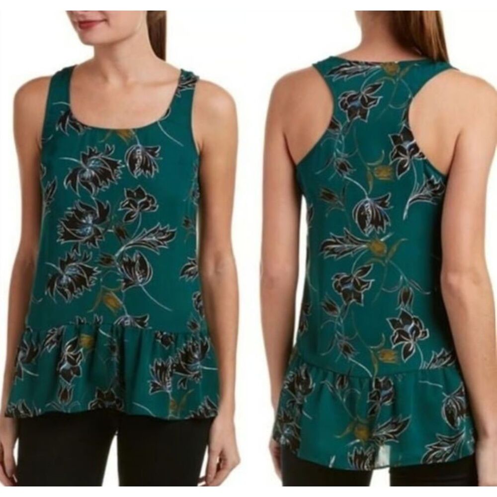 CABI Floral Sz Medium Sleeveless Semi Sheer Green Zoe FALLING FLOWERS Flowy Top